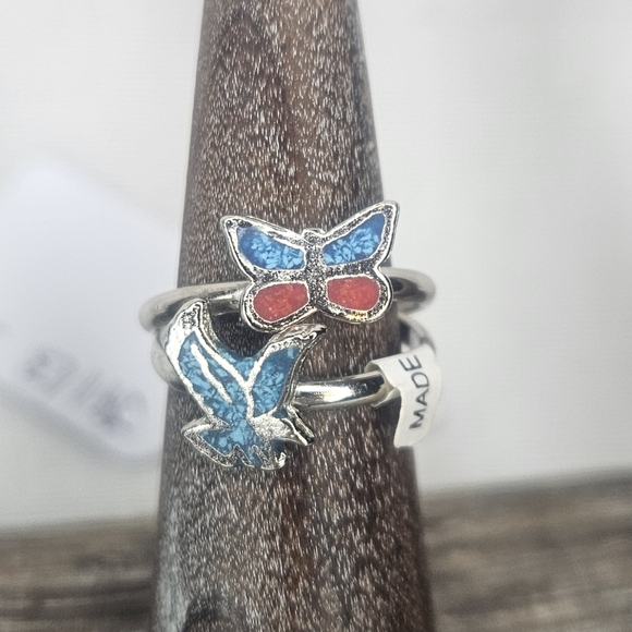 Vintage Butterfly And Eagle Inlay Silver Tone Ring Set Sz 5.75 NWT - Picture 1 of 2